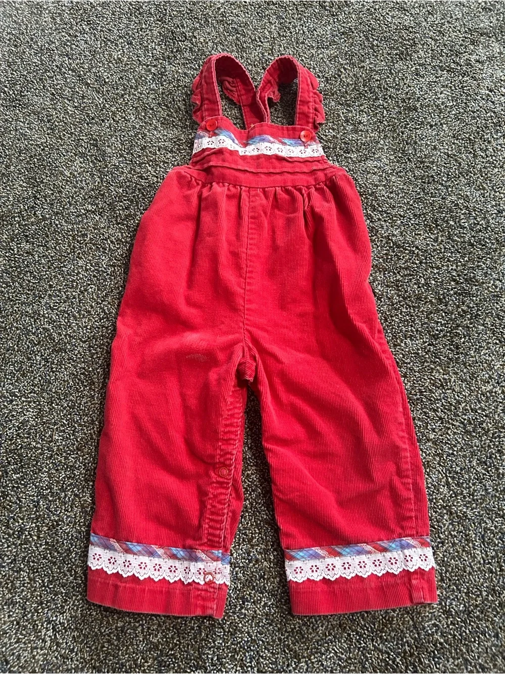 Vintage Carter’s 80s 90s toddler girls 24 months red corduroy lace overalls fall